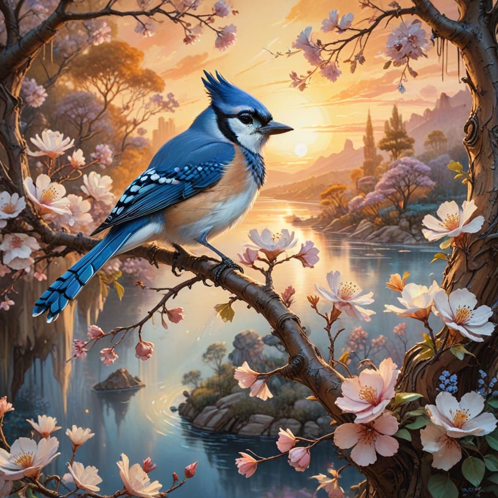Intricate Bluejay on Blossom Tree Branch at Sunset, Masterfu...