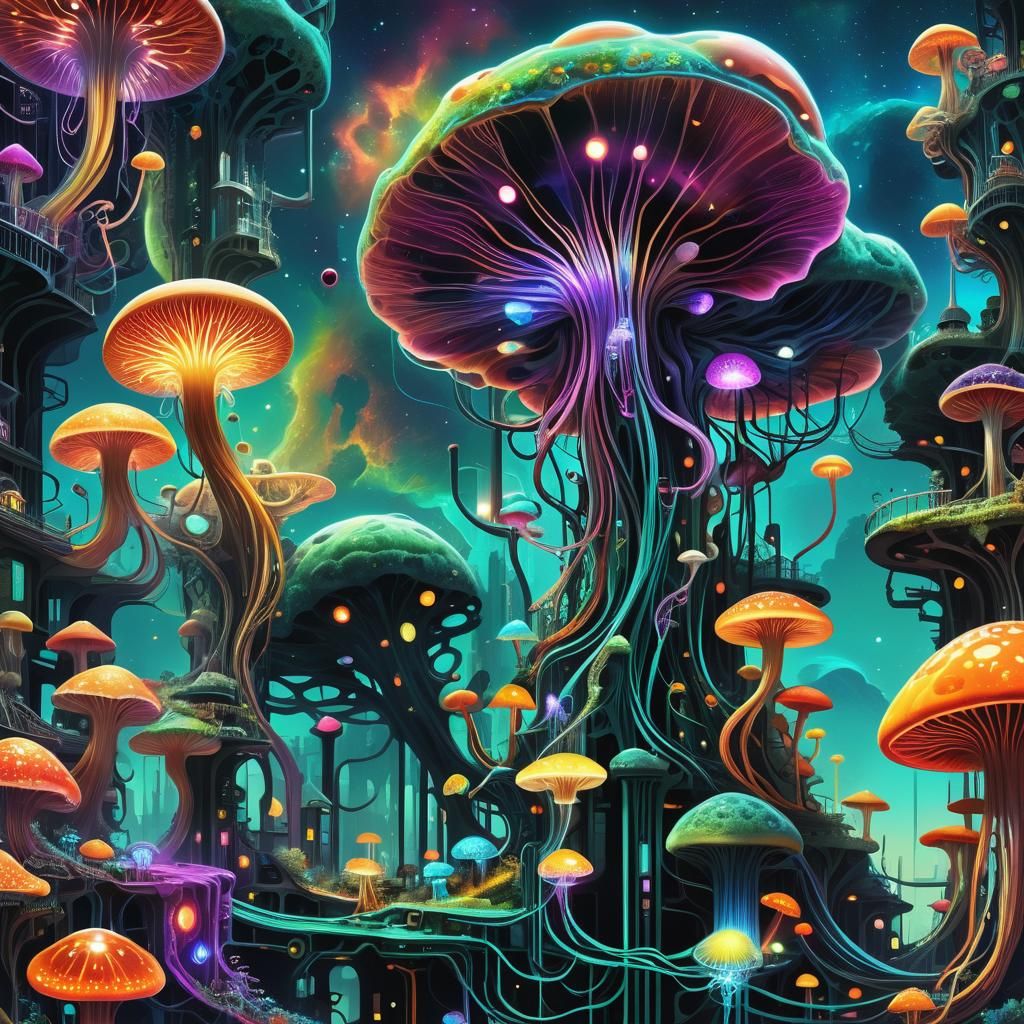 Teslapunk Mushroom City Arcology with Circuitry and Nebulae