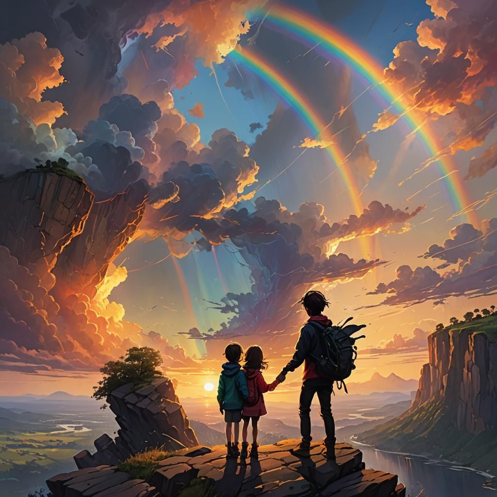 Silhouette Couple Watching Rainbow Sunset, Splash Art