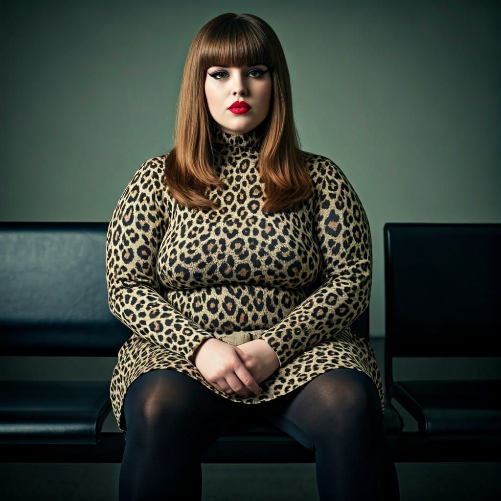 Chubby Teen Girl in Leopard Sweater, Miniskirt, and Heeled S...