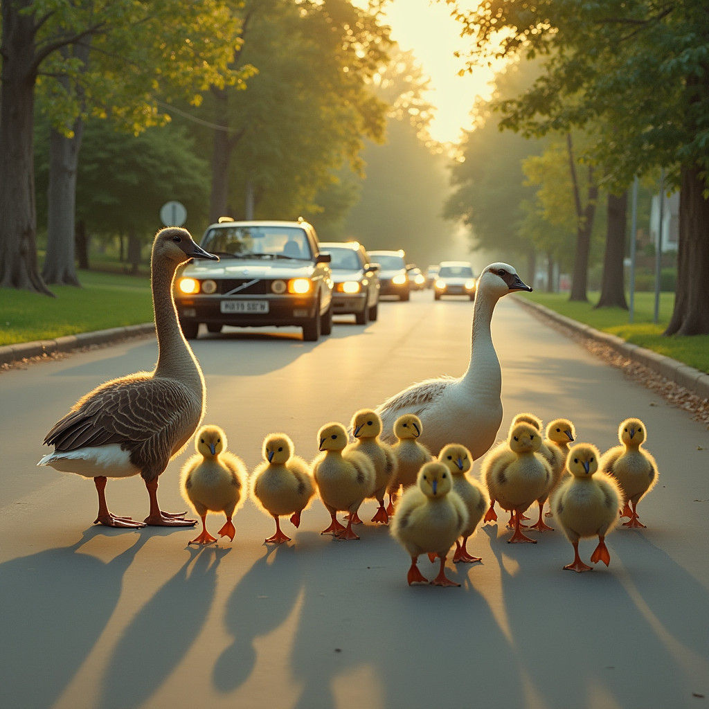 Goose Family Stops Traffic: Folk Art Scene