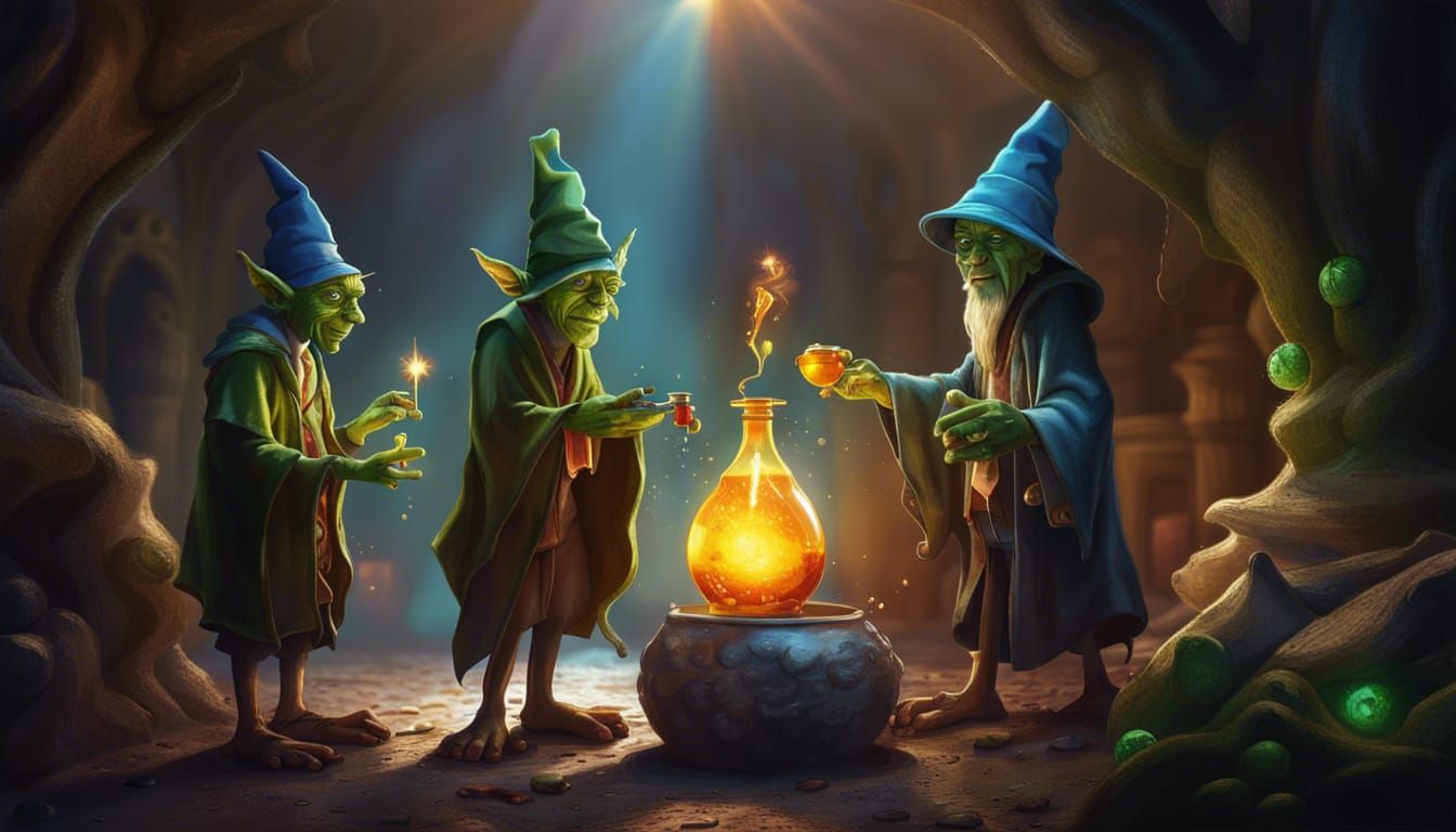 Goblin Wizard Shares Potions, Hyperrealistic Fantasy Art