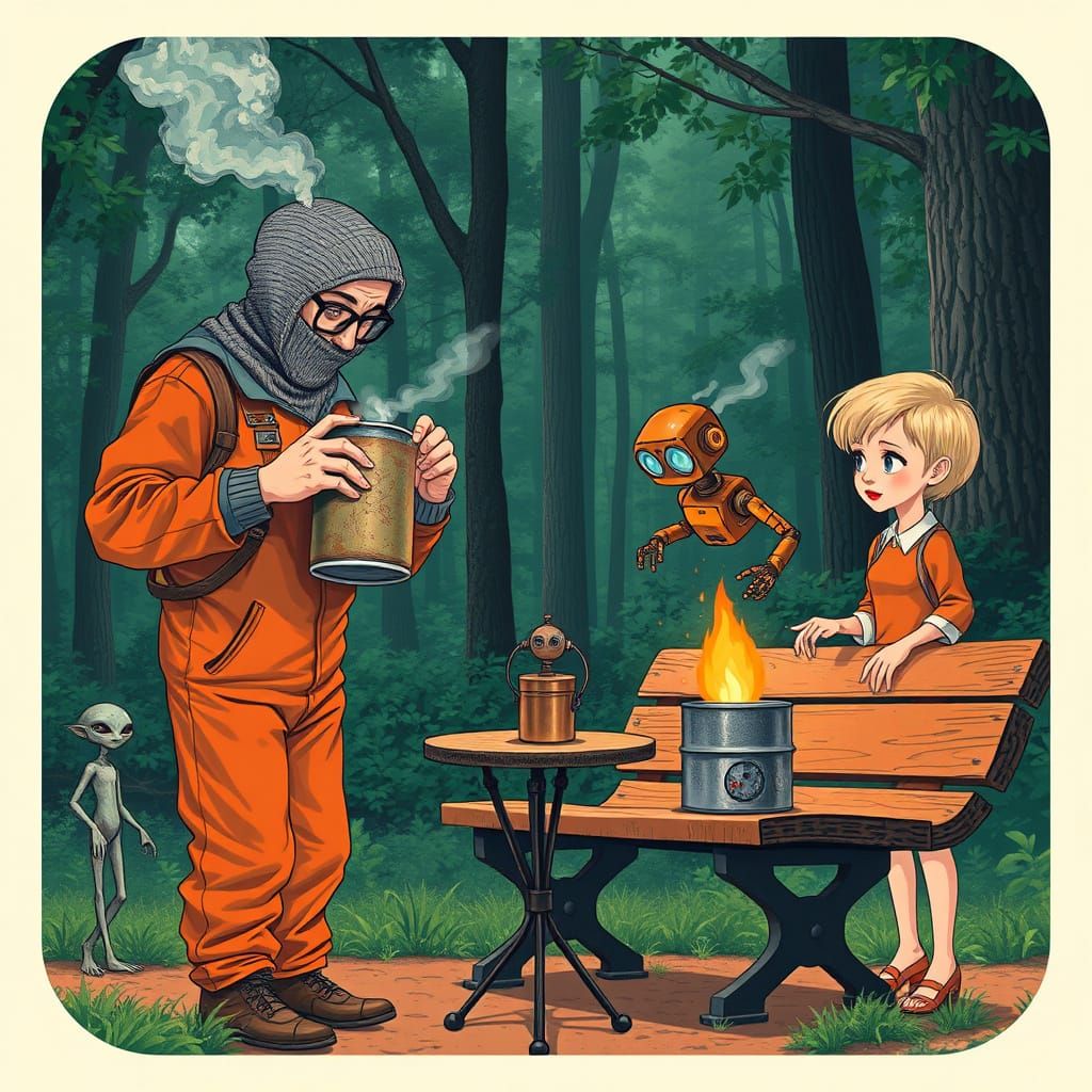 Retro-Futuristic Scene with Alien and Whimsical Elements