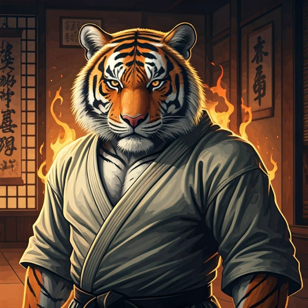 Anthropomorphic Tiger Training Karate in Ukiyo-e Style