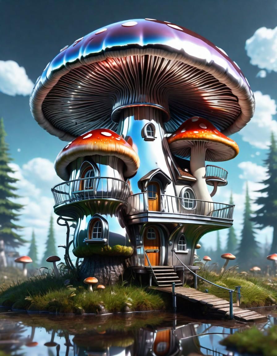 Chrome Mushroom House: Hyperrealistic Metallic Art
