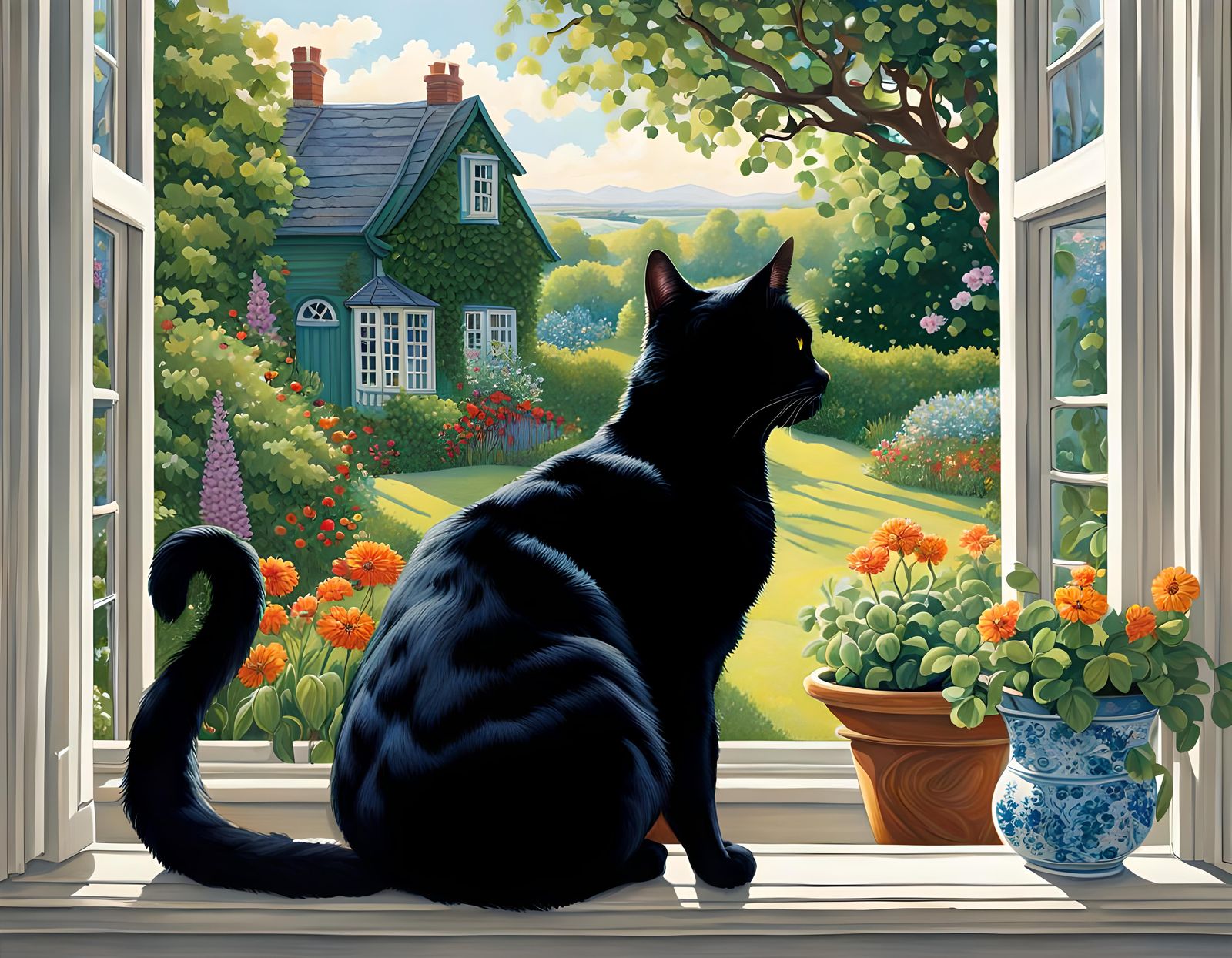 Black Cat Surveys Garden: Detailed Digital Painting