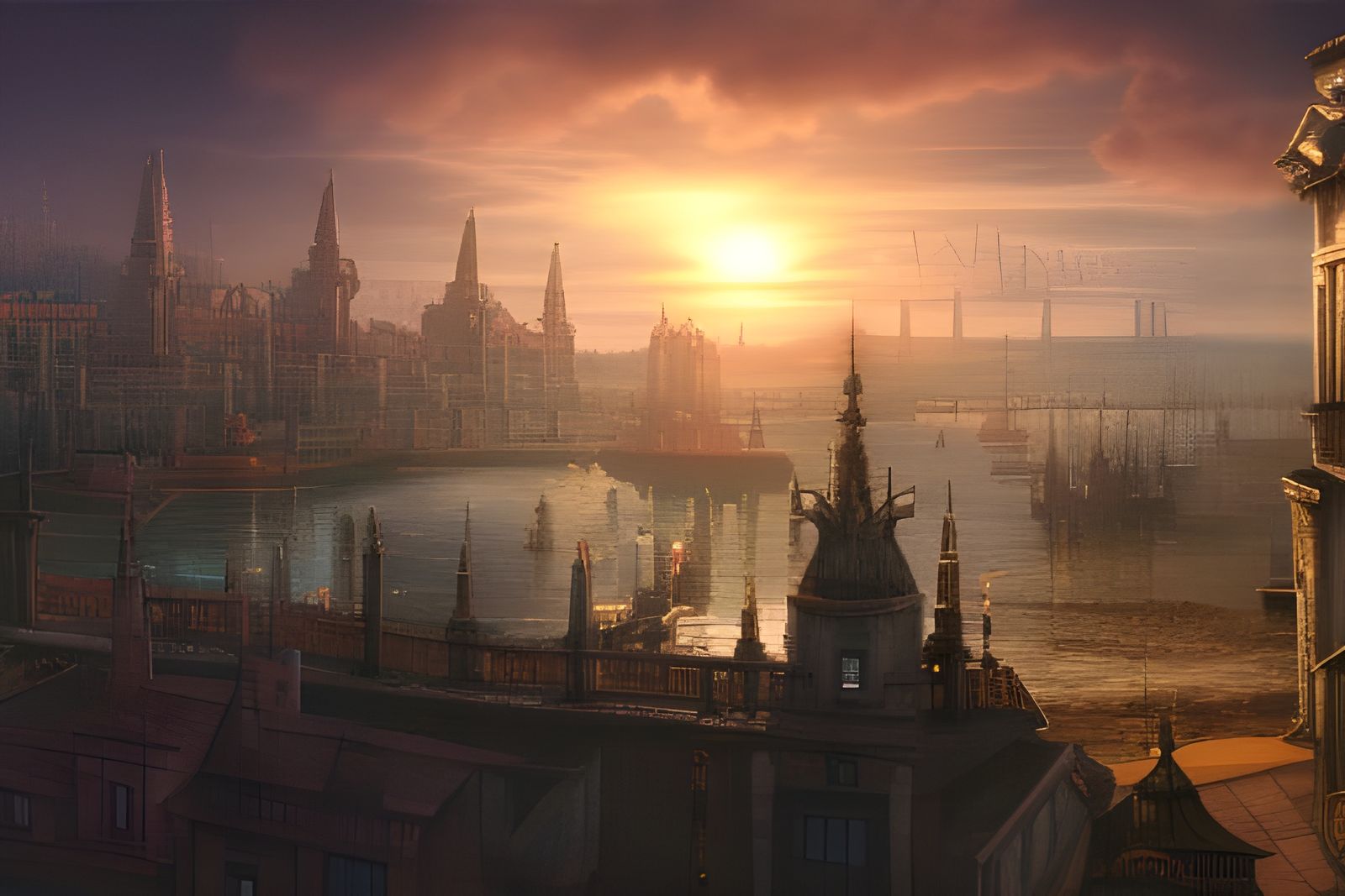 Epic RPG Port City at Sunset