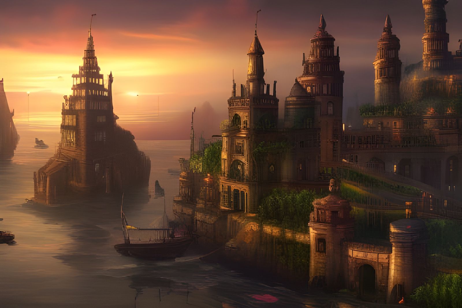 Epic RPG Port City at Sunset: Digital Matte Painting
