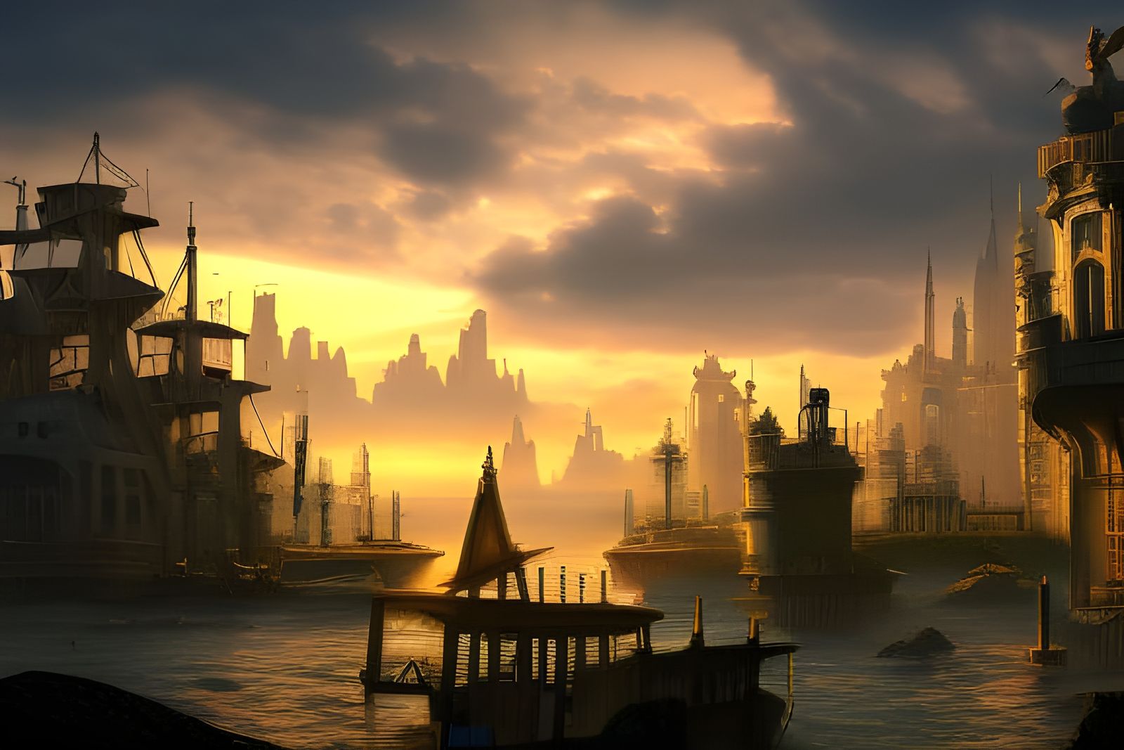Epic RPG Port City at Sunset Digital Painting