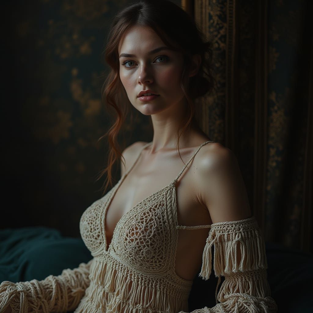 Woman in Macramé Dress: Hyperrealistic Detail