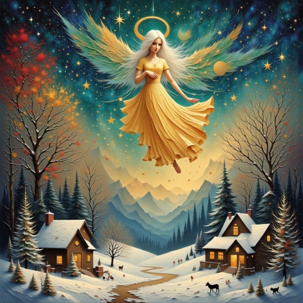 Christmas Angel Descends on Snowy Village in Impressionist S...