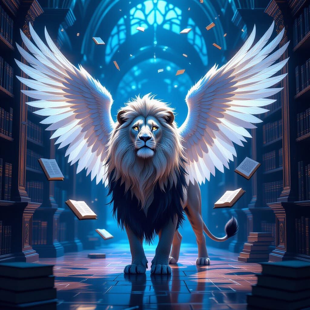 Winged Lion Guardian of Luminous Library in Fantasy Art Styl...