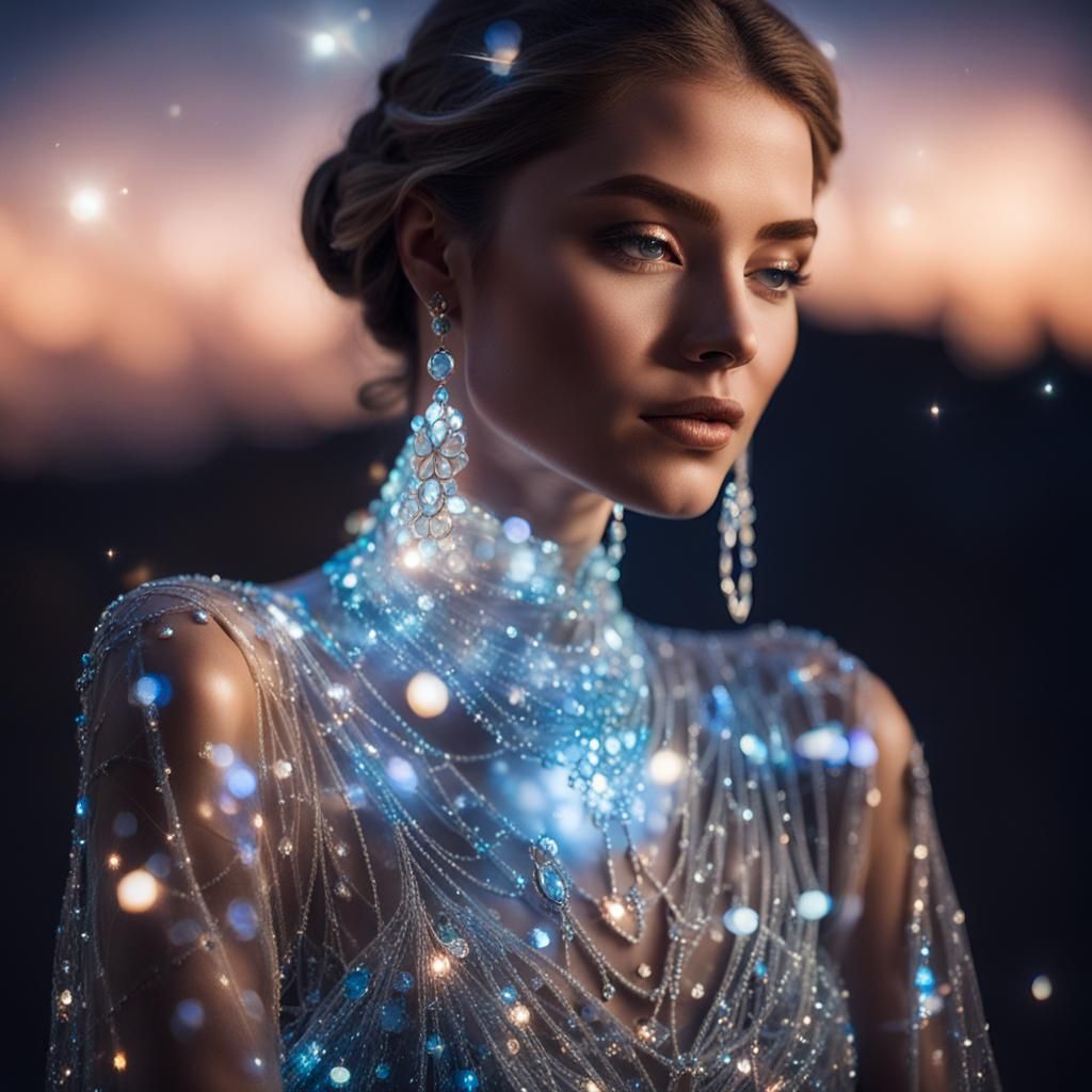 Woman in Transparent Glass Dress and Jewelry