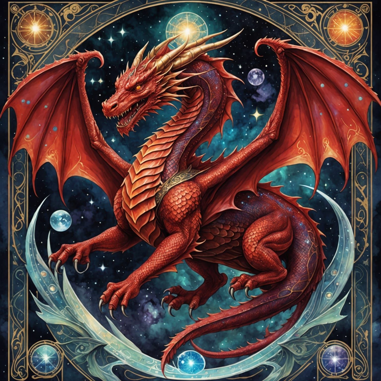 Red Dragon Tarot Card in Art Nouveau Style