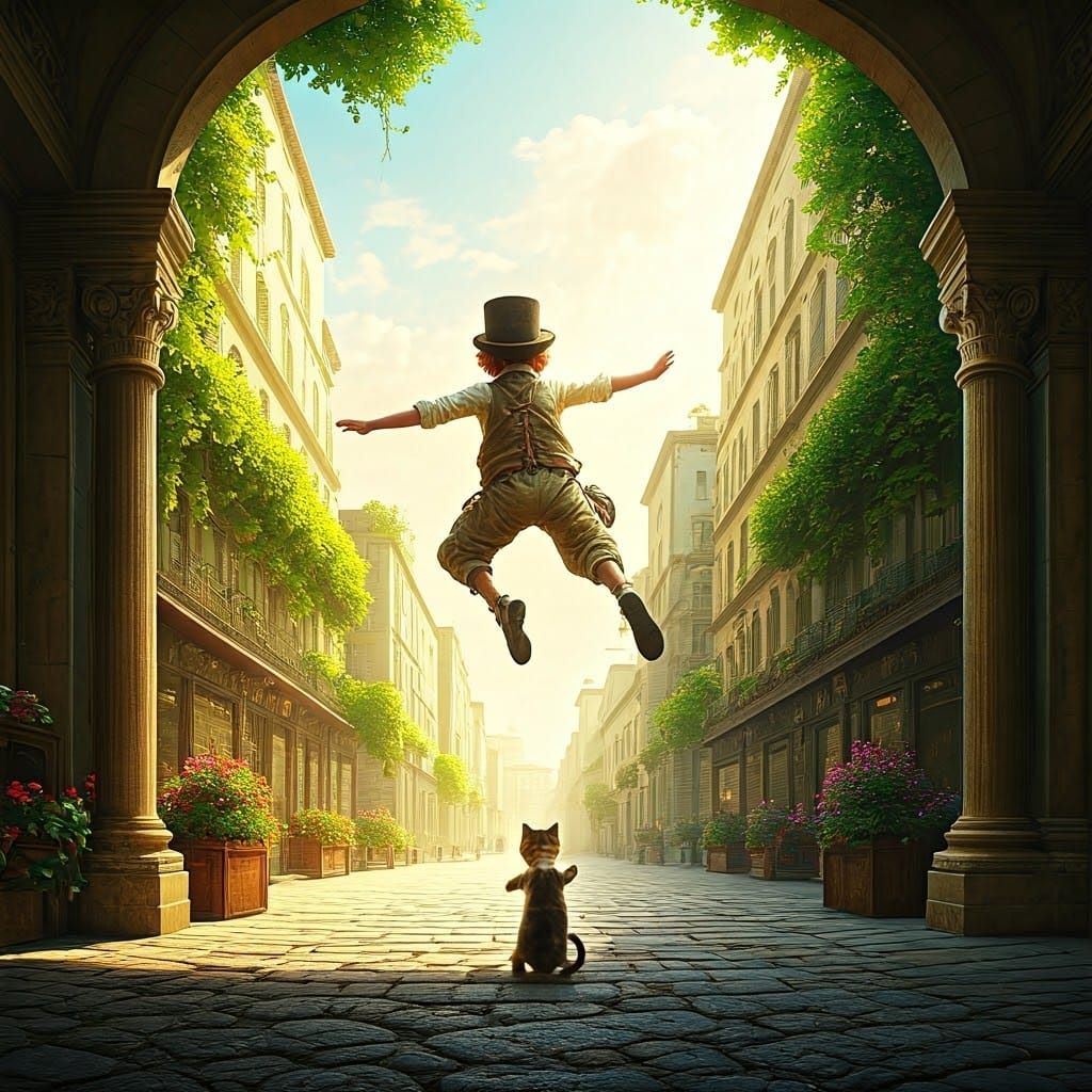 Steampunk Boy and Cat Play in a Sustainable City Square