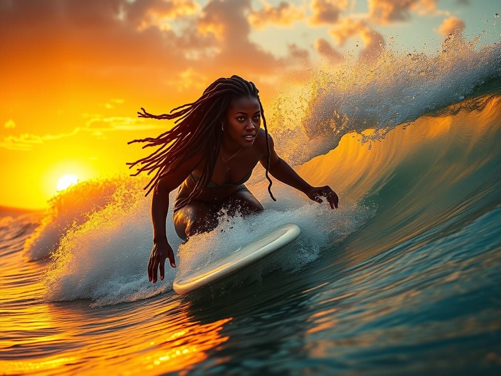 Black Surfer Rides Golden Wave at Sunset