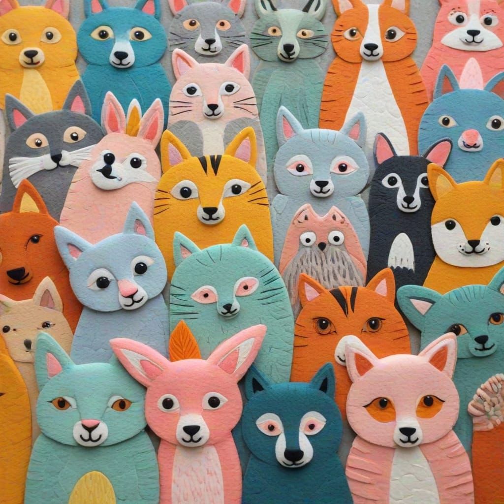 Vibrant Felt Art Animals in Pastel Colors