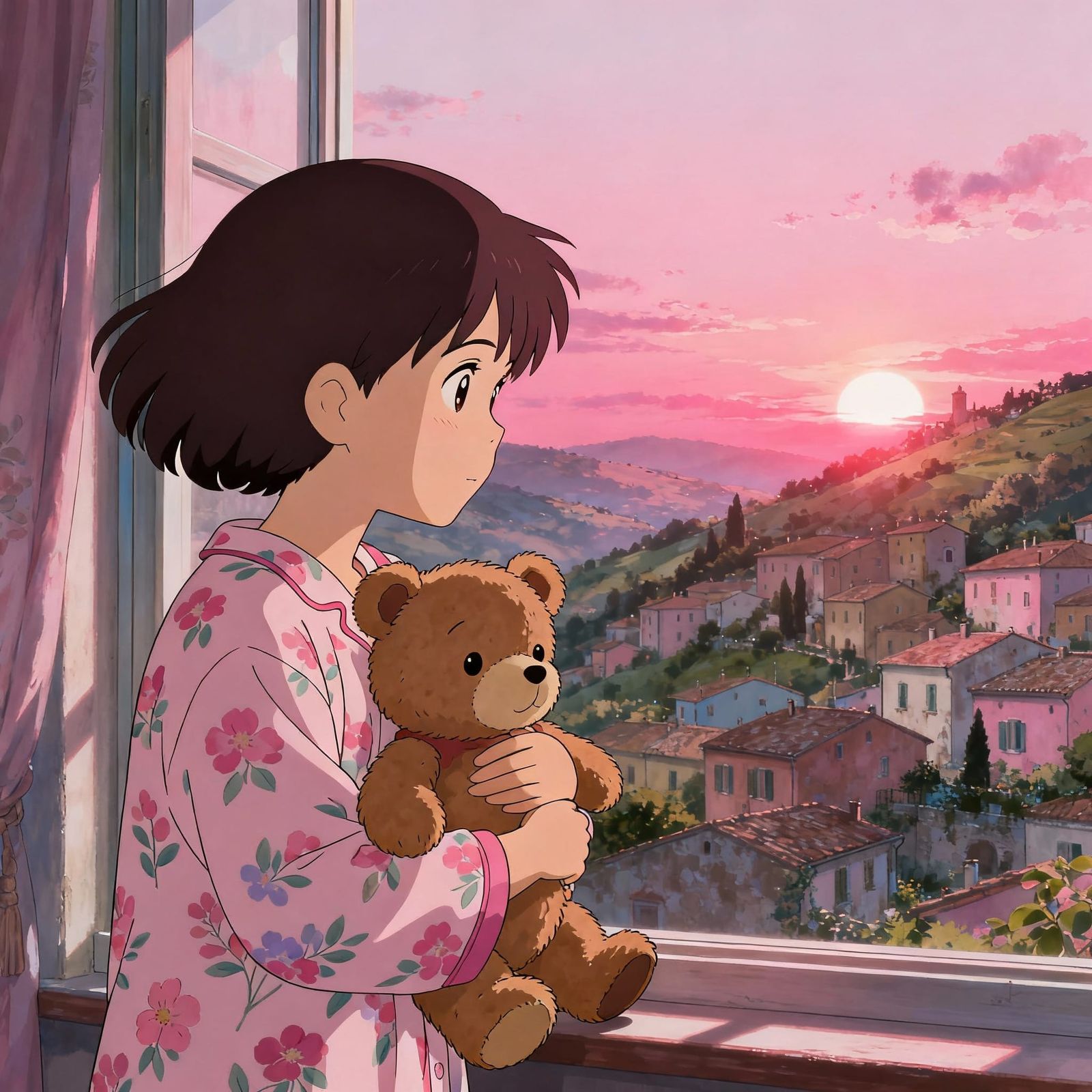 Girl in Pajamas Greets Sunrise Over Italian Village