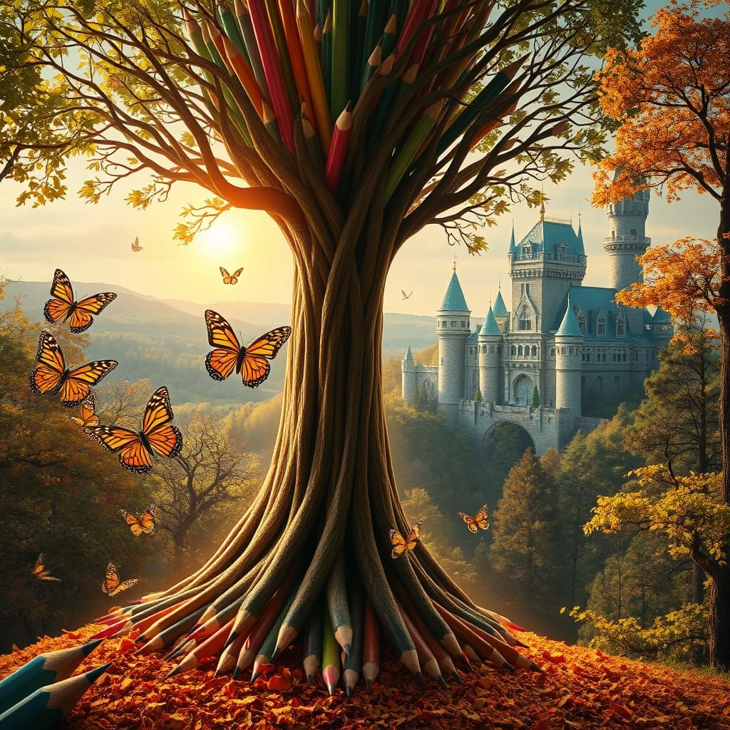 Fantastical Pencil Tree Castle in Sunlit Forest