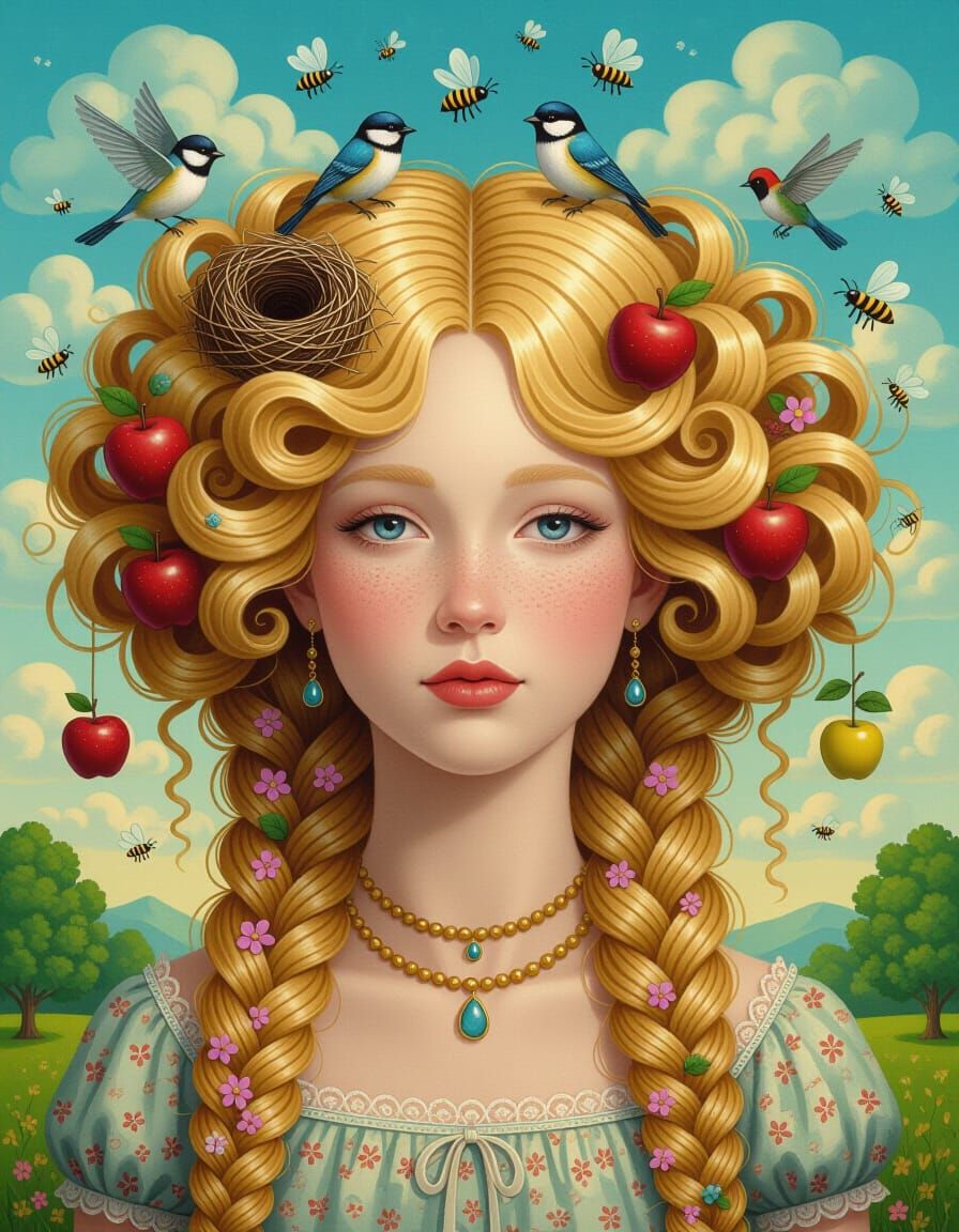 Surreal Portrait: Fantastical Flowing Hair with Nature Eleme...