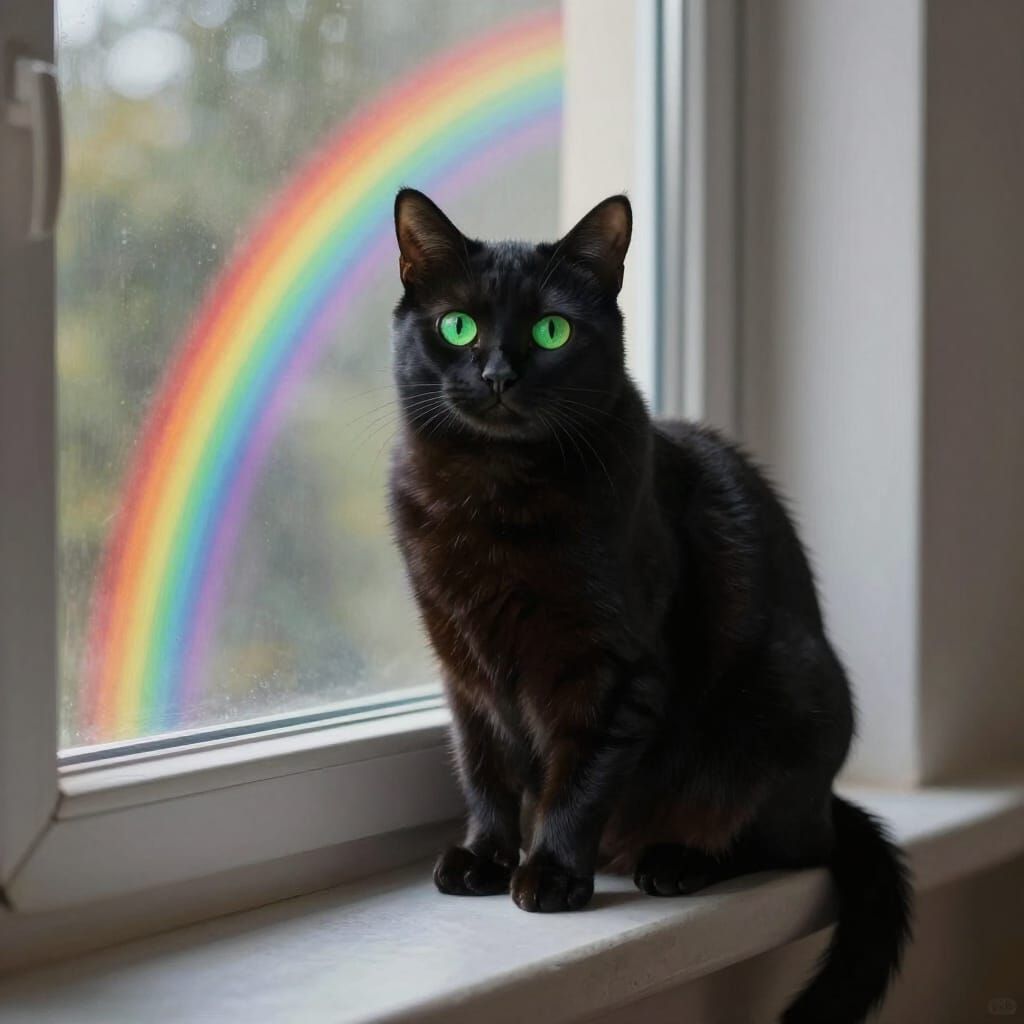 Black Cat with Rainbow Reflection on Windowsill