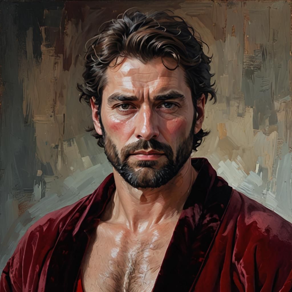 Hirsute Man in Red Velvet Robe: Impasto Portrait
