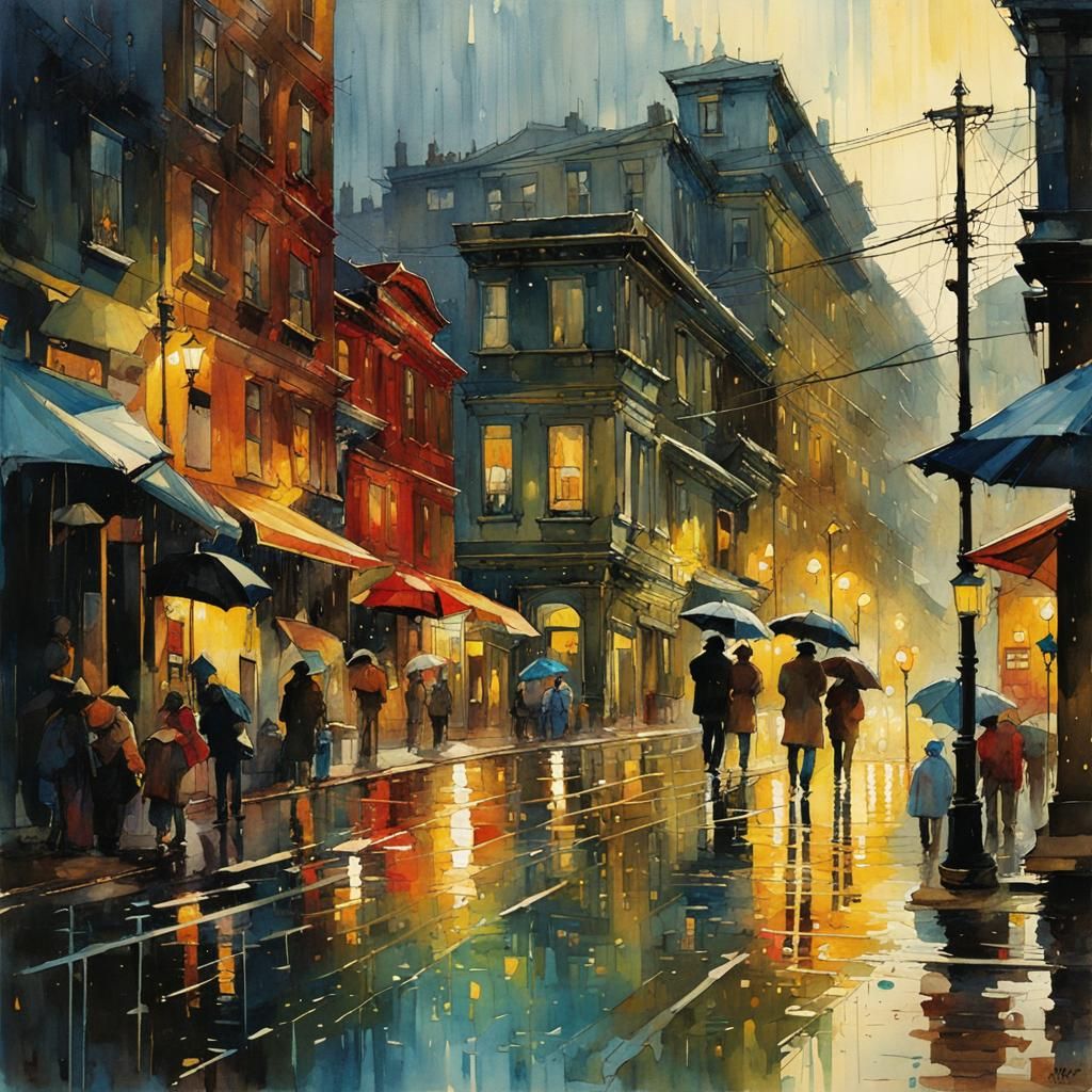 Rainy Cityscape in Watercolour Neo-Impressionism Style