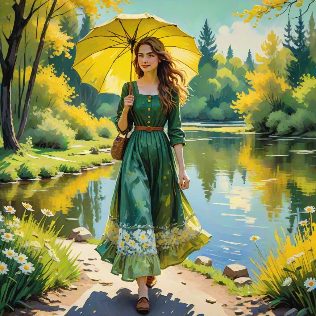 Serene Lake Path in Vibrant Impressionist Style