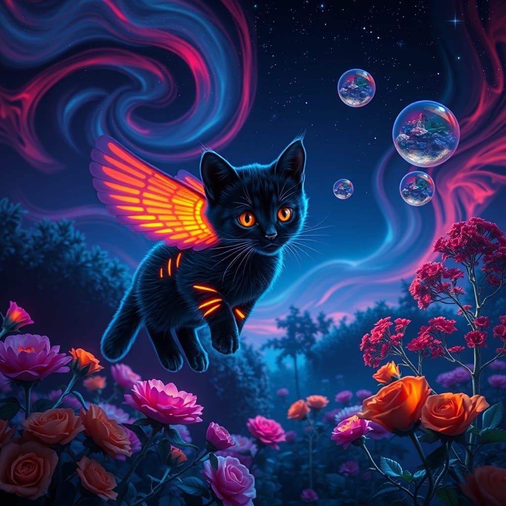 Fluorescent Striped Kitten in Bioluminescent Garden