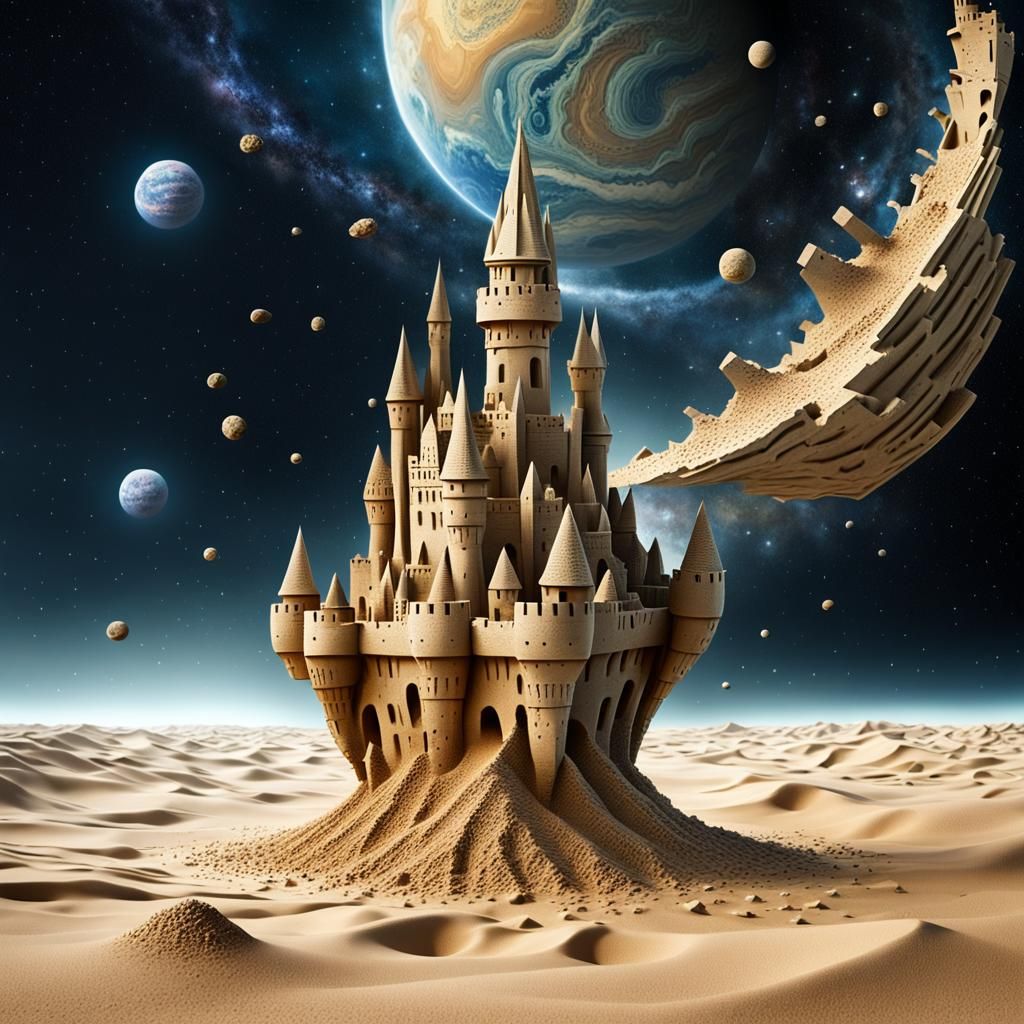 Surreal Floating Sandcastle in Outer Space