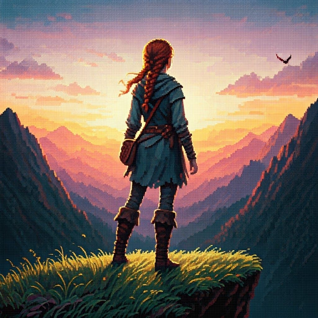 Pixel-Art Woman at Sunrise in 8-Bit Style