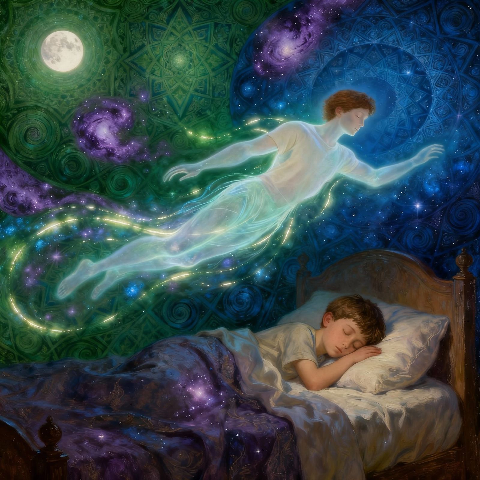 Astral Dreamscape: Boy Soars Above Sleeping Body