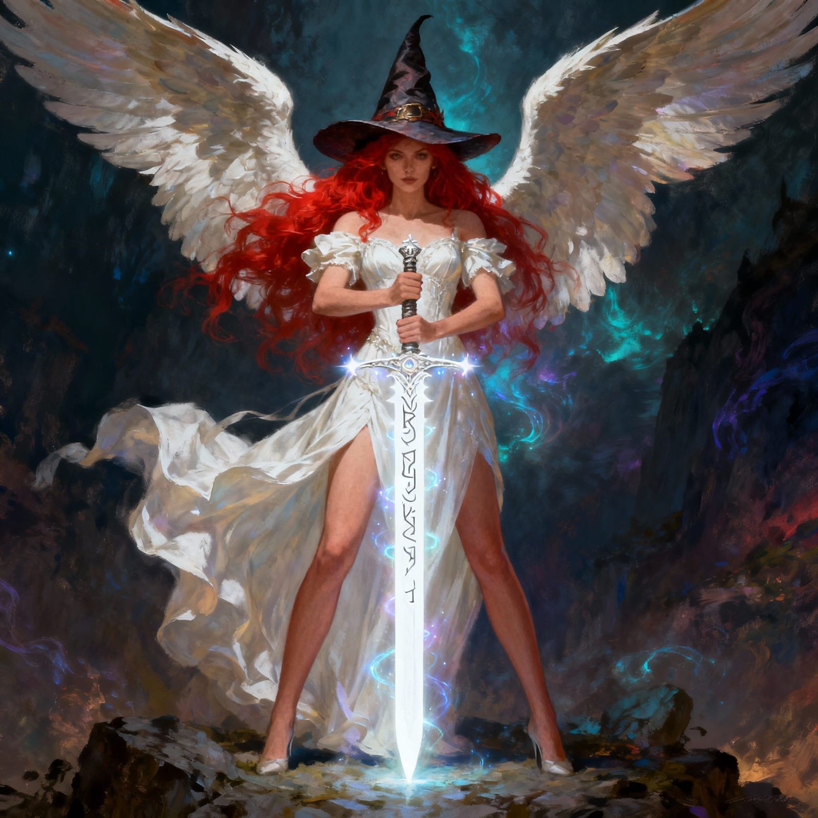 Fantasy Witch with Angel Wings and Magical Sword