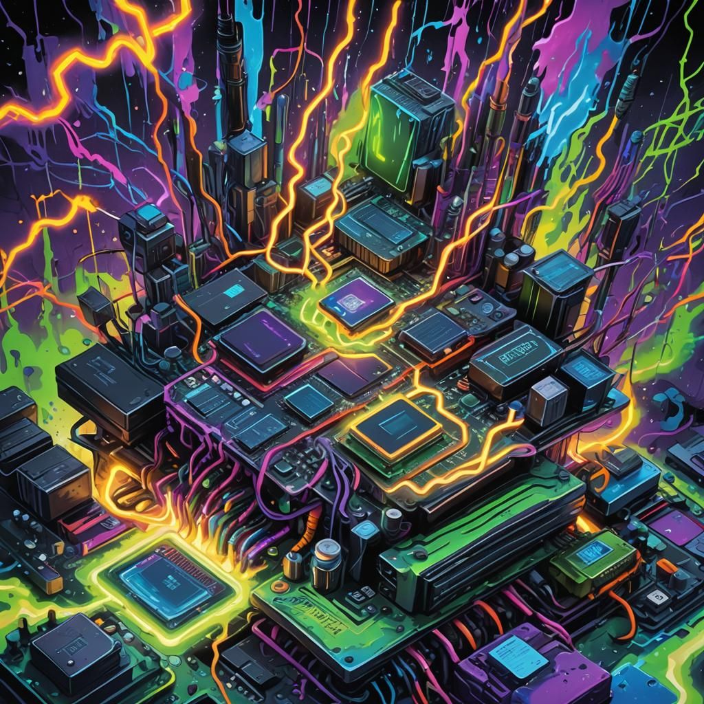 Neon Motherboard Radiating Heat in a Gouache Style