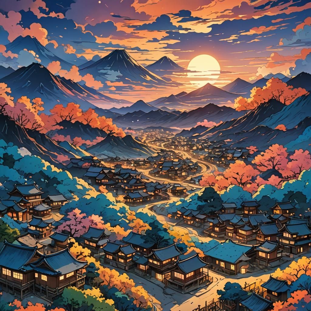 Japanese Ghost Town Sunset in Anime Style