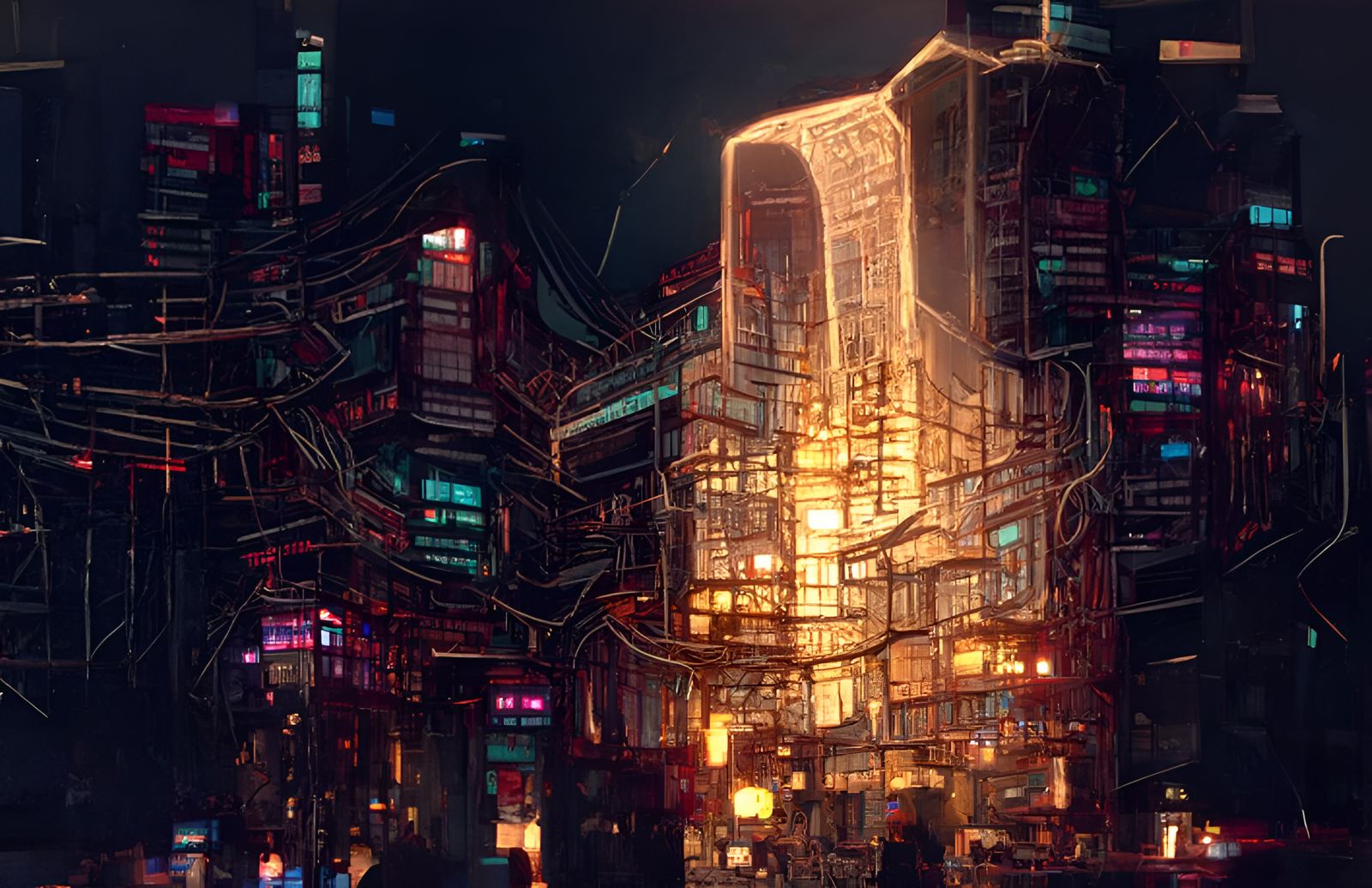 Neon Cyberpunk Cityscape in Orange and Cyan
