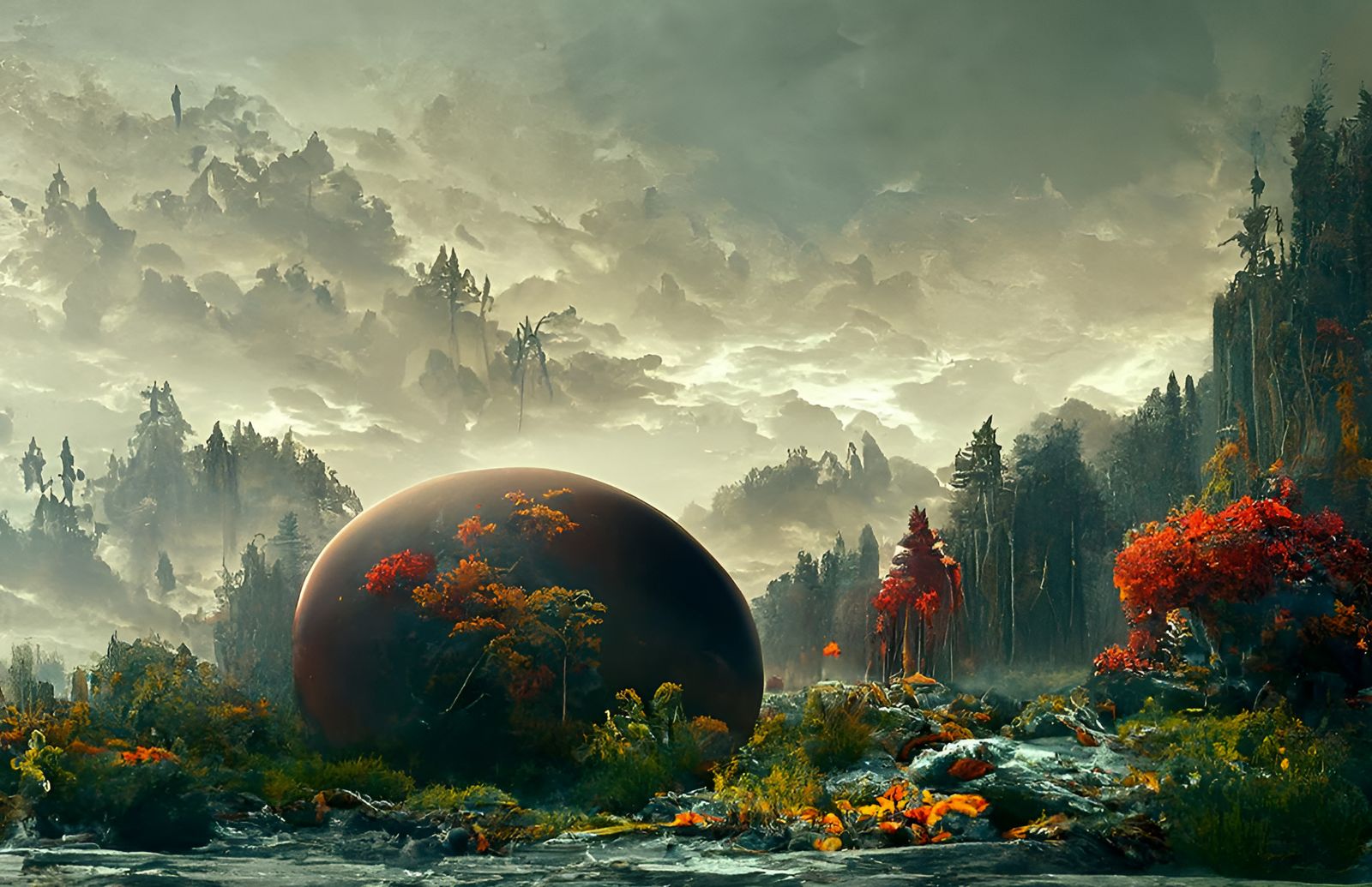 Surreal Alien World with Glowing Trees and Moonrise