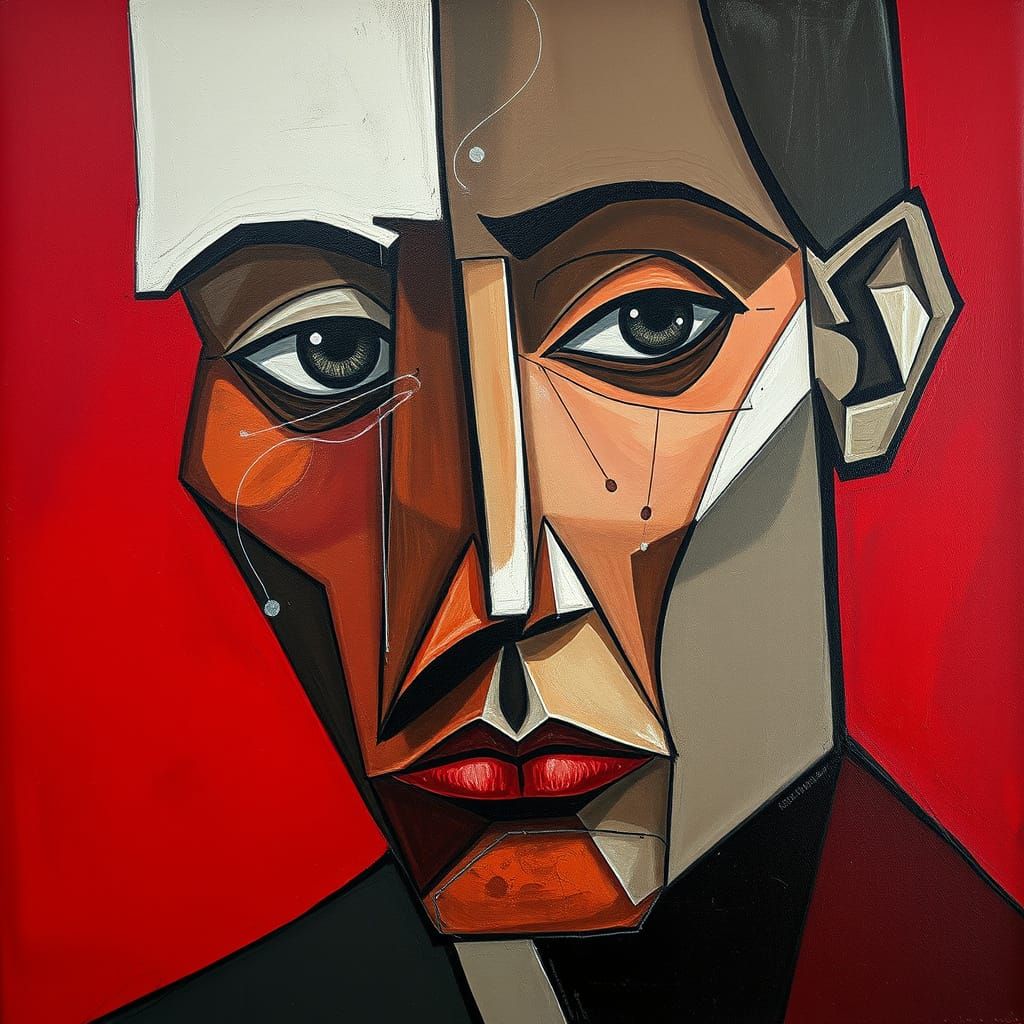 Cubist Abstract Face Oil Painting with Large Expressive Eyes