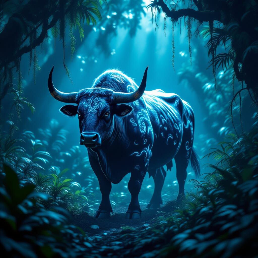 Bioluminescent Bull in Alien Jungle, Digital Art