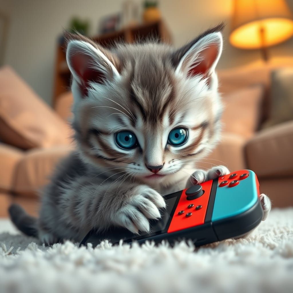 Whimsical Kitten Discovers Nintendo Switch in Cozy Living Ro...