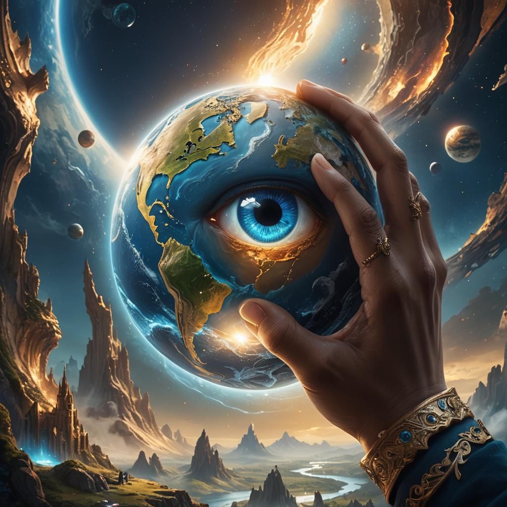 Hand Holding Earth with Crying Eye: Fantasy Art