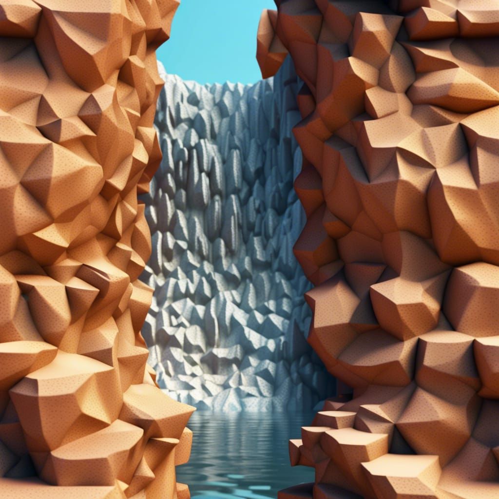 Polygonal Waterfall in Arid Landscape: 8K Render