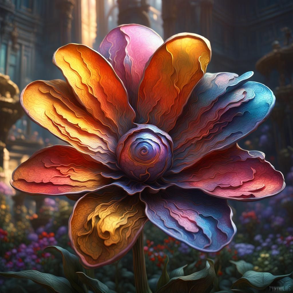 Metal Flower in Watercolor, Moebius Style