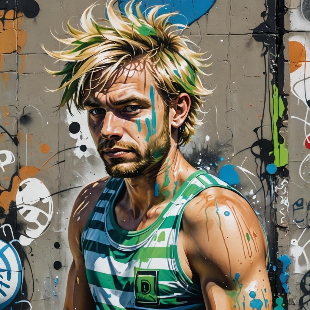 Dynamic Street Art Portrait with Polychromatic Hues