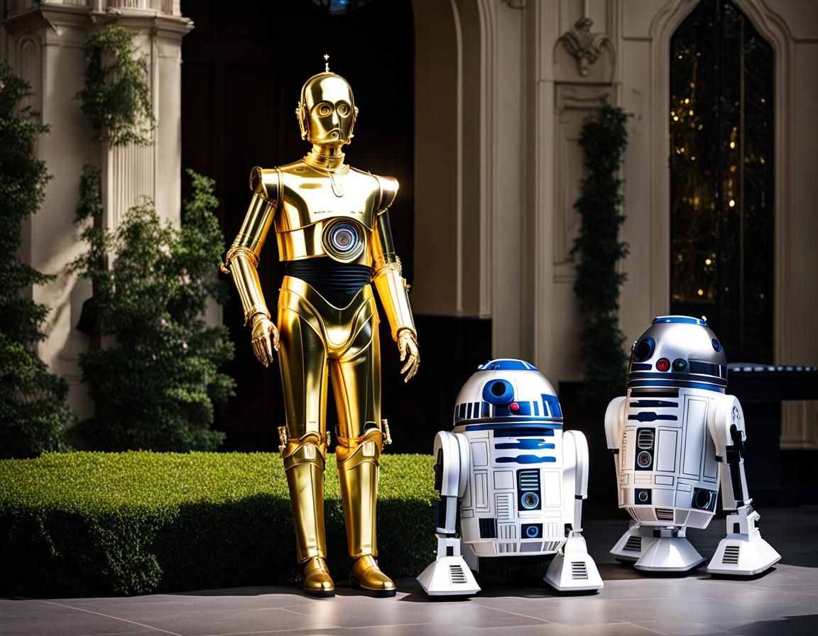 C3PO as Butler with Maid Robots in Palace