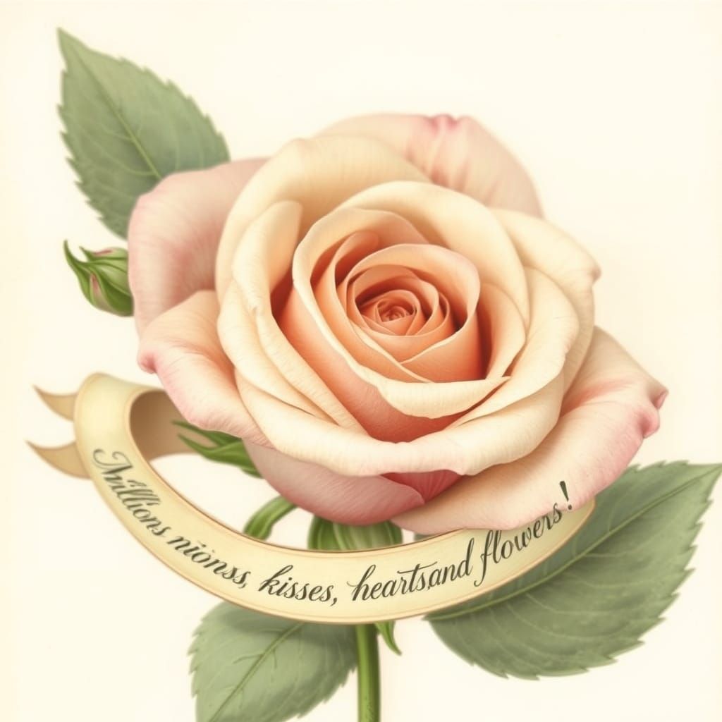Delicate Rose in Vintage Botanical Style with Elegant Ribbon