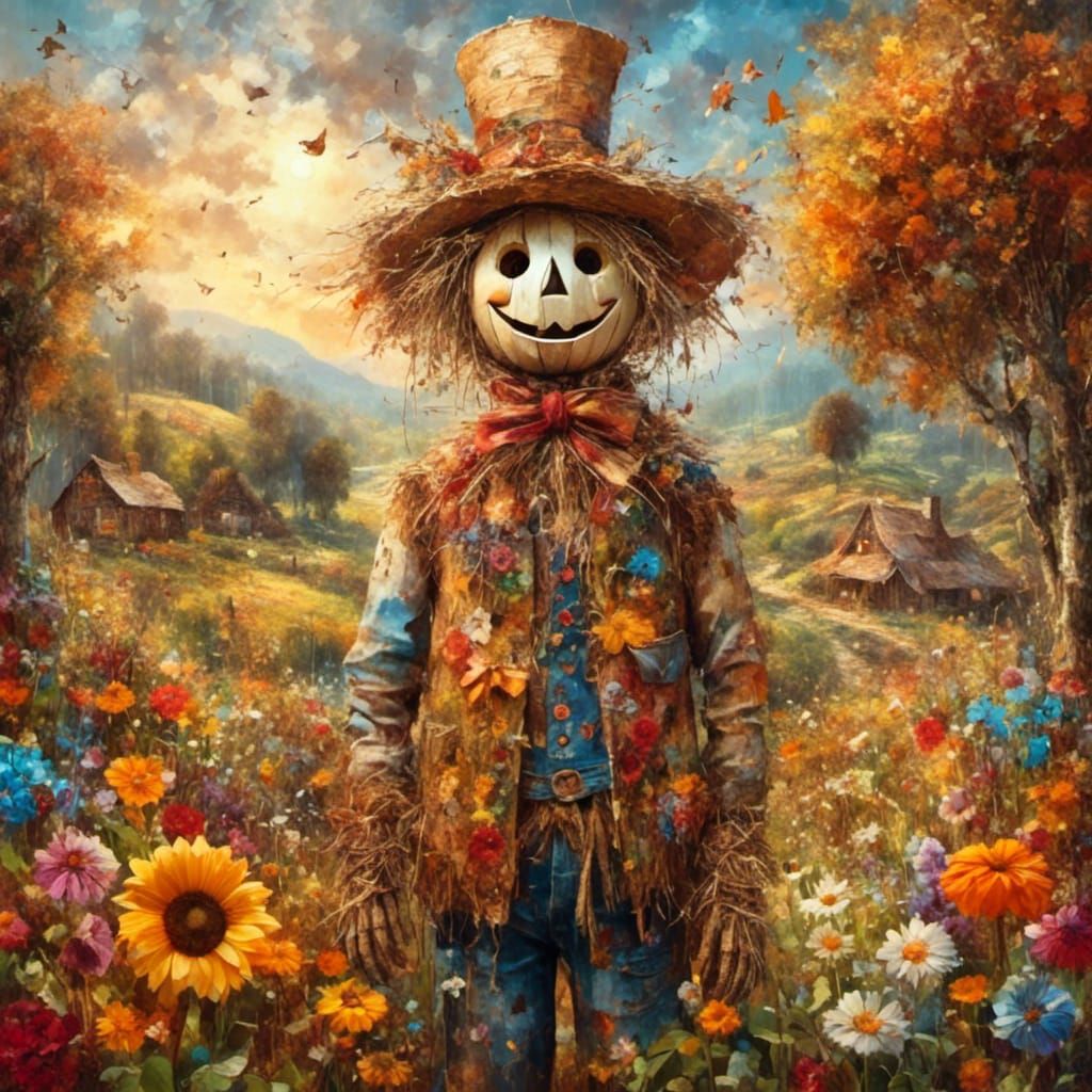 Whimsical Scarecrow in Colorful Folk Art Garden