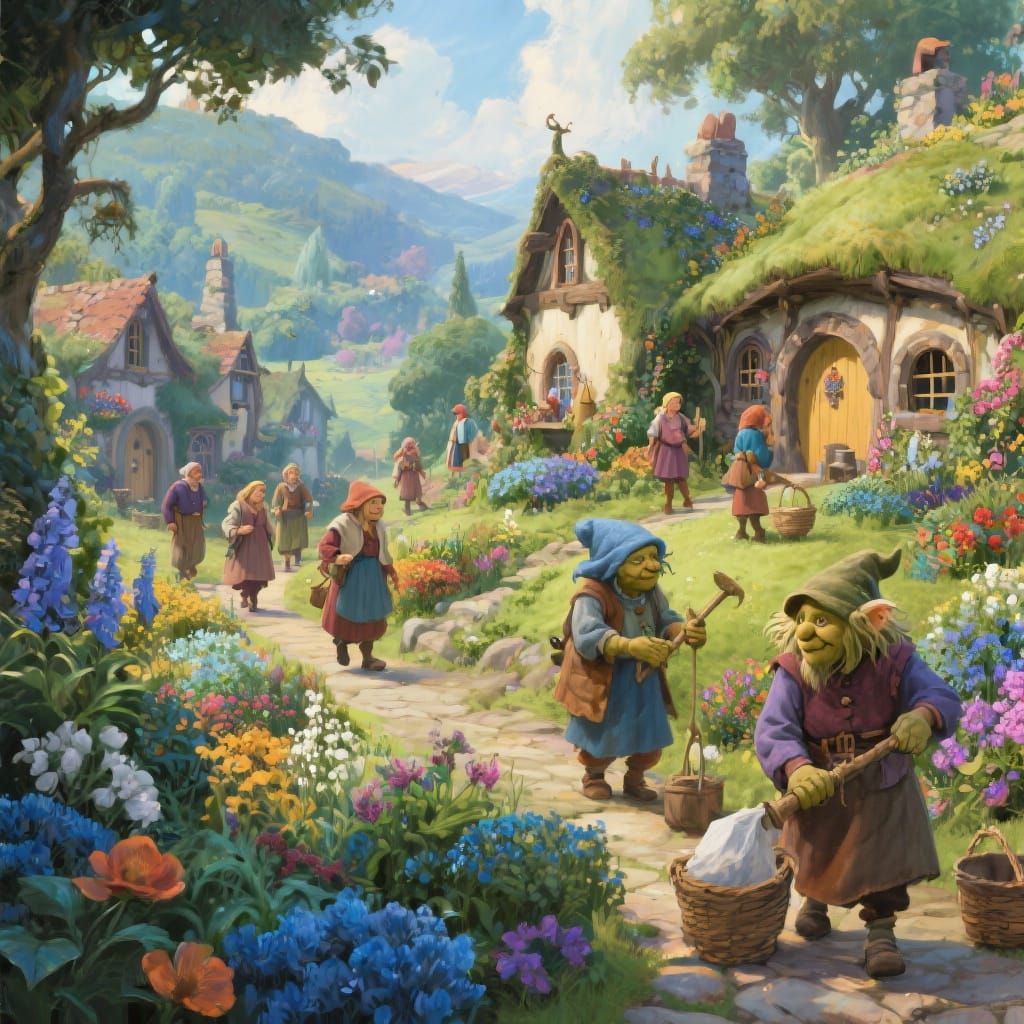 Whimsical Hobbit Village with Lush Gardens