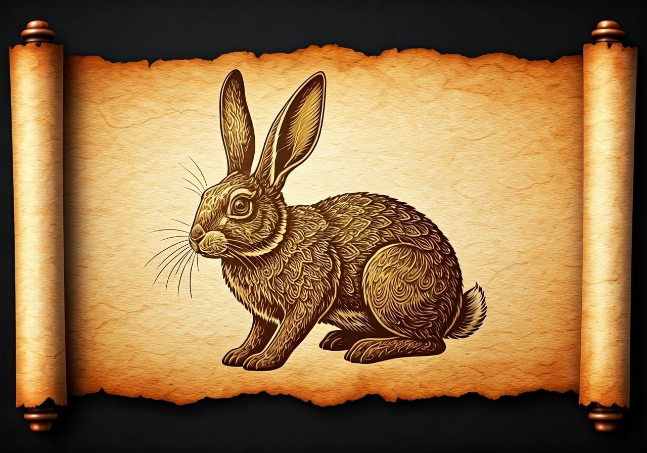 Golden Rabbit on Fragmented Parchment Scroll