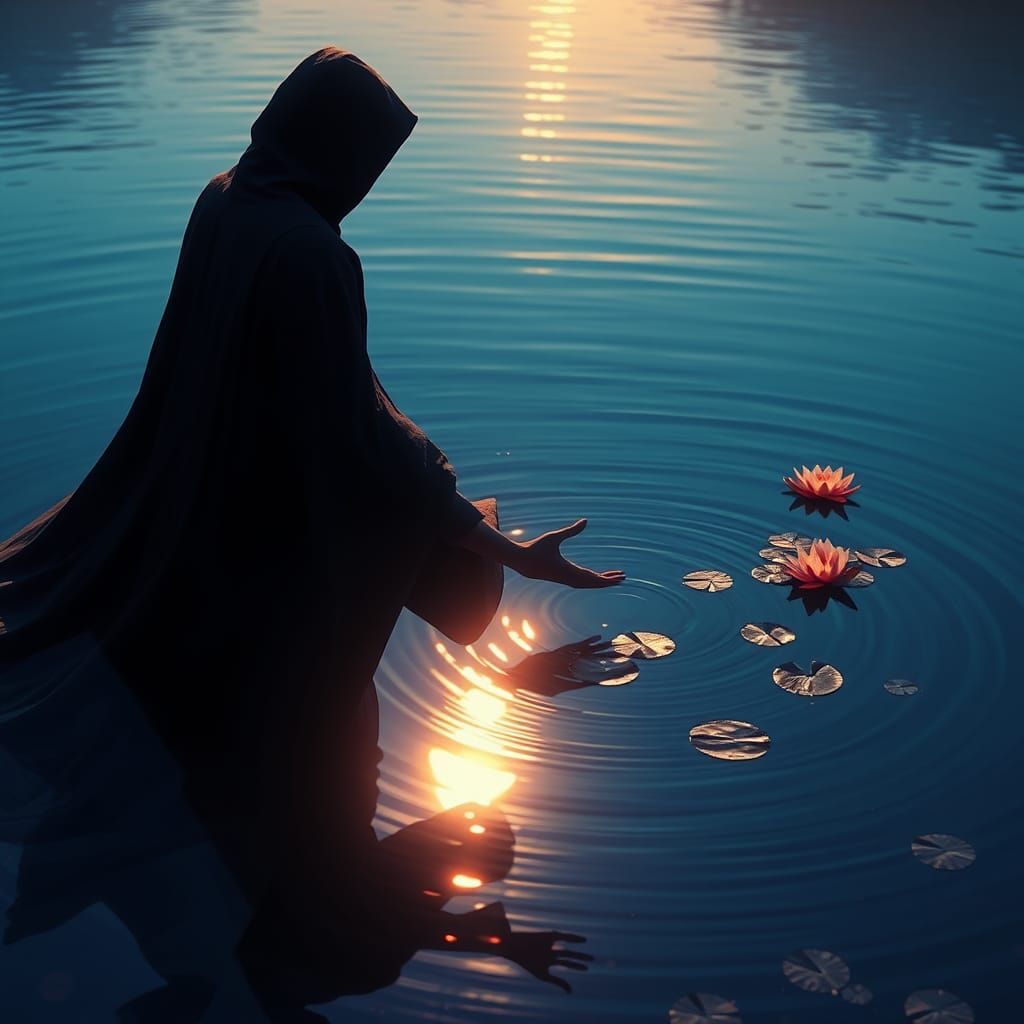 Mysterious Figure Touches Serene Lake in Detailed Matte Pain...